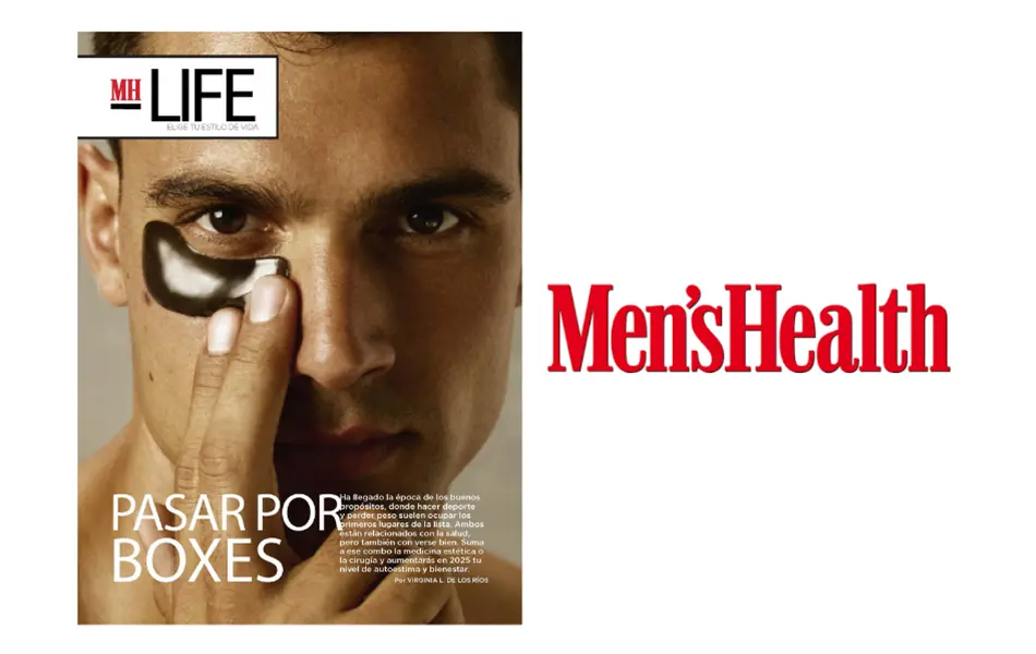 Portada de Men’s Health Life con un hombre colocando un parche para el contorno de ojos y el titular “Pasar por boxes”.